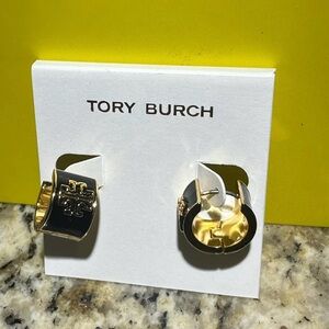 Tory Burch Black and Gold Logo Hoop Earrings